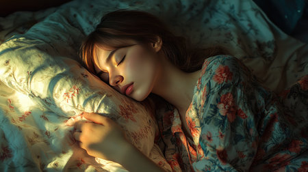 Woman in cute pajamas fast asleep in bed, cuddling a soft pillow, with gentle light creating a warm, tranquil settingの素材