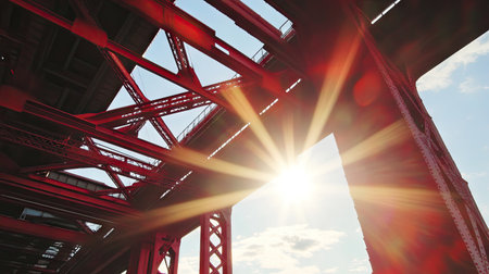 Sunlight filtering through bridge beams against a sky, creating a dramatic pattern of light and shadow.の素材