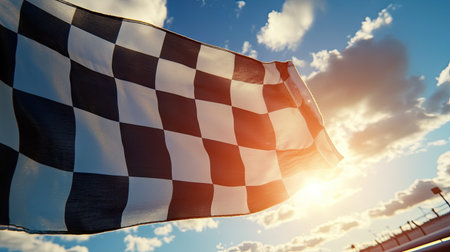 Waving checkered flag in slow motion, capturing each ripple in a sunny race setting.の素材