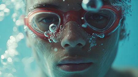 Swimmer in goggles and swim cap moving smoothly through the pool, with bubbles trailing behind. Intense and focused atmosphereの素材