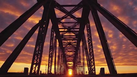 Steel bridge framework reaching into a sunset sky, with warm light casting dynamic shadows.の素材
