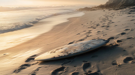 Surfboard resting in the sand with footprints around it, waves crashing on the shore in the distanceの素材