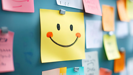 Yellow sticky note with a large smiley face on a bulletin board, surrounded by other colorful notes and remindersの素材