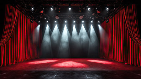 Wide view of an empty stage with red curtains, microphone centered and illuminated by bright white spotlightsの素材