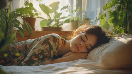 Woman in pajamas peacefully asleep on her bed, with soft morning light and a few indoor plants in the backgroundの素材