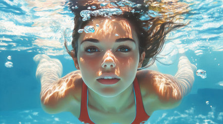 Swimmer holding her breath underwater, with calm expression and floating hair, light shimmering on the pool tilesの素材