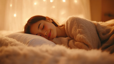 Woman in warm pajamas sleeping on her side in bed, covered with a fluffy blanket, peaceful and restful ambianceの素材