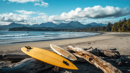 Surfboards leaning against driftwood logs on a quiet beach, with mountains visible across the bayの素材