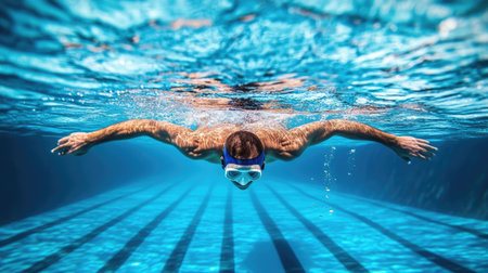 Swimmer in a diving position underwater, streamlined and focused, with water ripples forming around themの素材