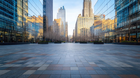 An empty square in the middle of a bustling city, with high-tech, reflective office buildings towering aroundの素材