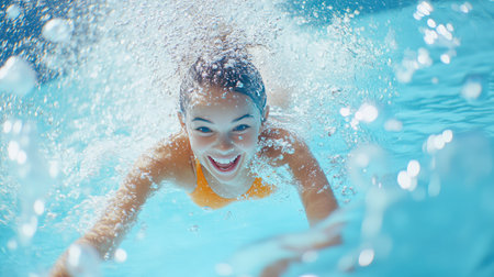 Young swimmer in a one-piece suit underwater, kicking her legs as bubbles trail behind. Playful and refreshing sceneの素材