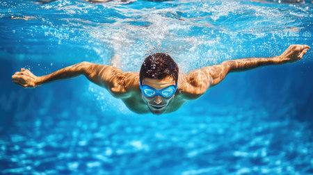 Swimmer underwater in a pool, with arms extended in a streamlined position, pushing forward in a clear, vibrant blue poolの素材