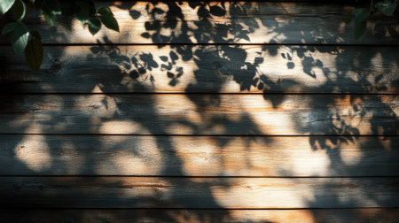Abstract shadows from tree branches dancing across a rustic wooden wall in bright sunlight.の素材