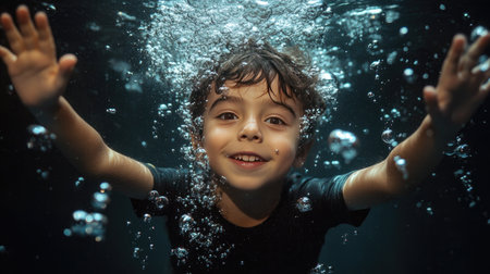 Young boy underwater with a playful grin, his arms outstretched and bubbles forming around his faceの素材
