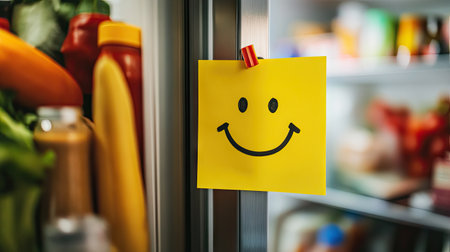 Yellow sticky note with a smiley face on a fridge door, groceries and meal prep items in the backgroundの素材