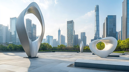 An empty square with abstract sculptures and a skyline of modern skyscrapers in the backgroundの素材