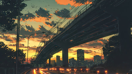 A busy highway illuminated by headlights as it runs under an overpass, with a stunning sunset sky overhead.の素材