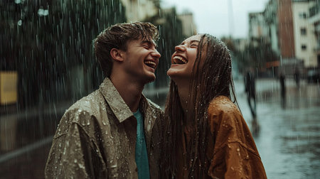 Young couple standing in the rain, laughing together as the rain soaks their clothes and drips from their hairの素材