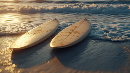 Surfboards lying flat on the sandy beach, sea foam washing close to them. Calm, early morning lightの素材