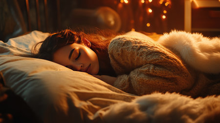 Woman in warm pajamas sleeping on her side in bed, covered with a fluffy blanket, peaceful and restful ambianceの素材