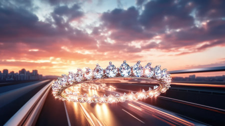 A busy highway illuminated by headlights as it runs under an overpass, with a stunning sunset sky overhead.の素材