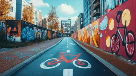 A bicycle lane running alongside a modern urban complex with vibrant graffiti on the walls.の素材