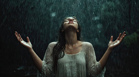 Woman standing in heavy rain with her face tilted up, eyes closed, and arms open wide, embracing the downpour. Emotional and rawの素材