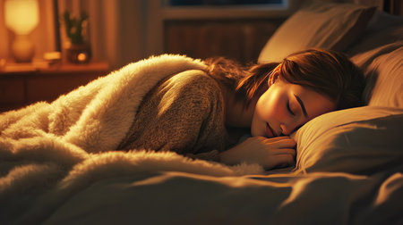 Woman in warm pajamas sleeping on her side in bed, covered with a fluffy blanket, peaceful and restful ambianceの素材