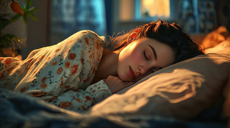 Woman in cozy pajamas sleeping in a bed, her face relaxed as she holds a warm, soft blanket close. Peaceful and cozyの素材