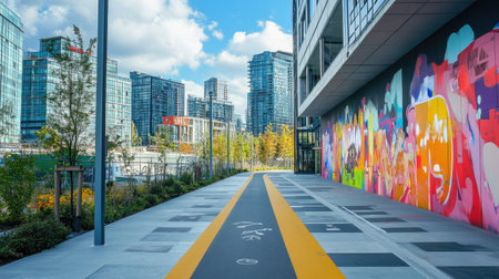 A bicycle lane running alongside a modern urban complex with vibrant graffiti on the walls.の素材