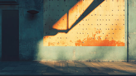 An urban street wall under the midday sun, a shadow from a streetlamp creating geometric patterns.の素材