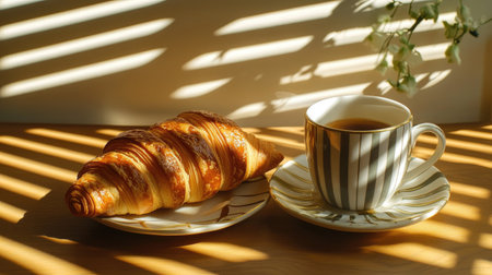 A breakfast scene featuring a croissant and coffee cup, with sunlight streaming through blinds and casting striped shadowsの素材