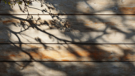 Abstract shadows from tree branches dancing across a rustic wooden wall in bright sunlight.の素材