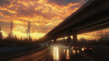 A busy highway illuminated by headlights as it runs under an overpass, with a stunning sunset sky overhead.の素材