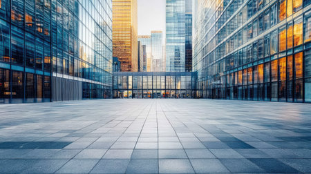 An empty square in the middle of a bustling city, with high-tech, reflective office buildings towering aroundの素材