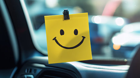 Yellow sticky note with a smiley face on a car dashboard, brightening up the driver's view. Fun and playful vibeの素材