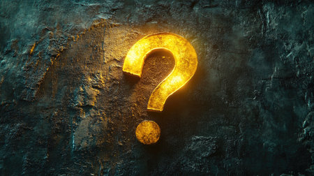 A bright yellow question mark on a textured blackboard with soft lightingの素材