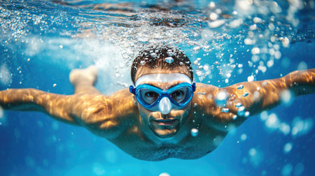Swimmer performing a backstroke underwater, looking up as they move smoothly through the pool, bubbles floating upの素材