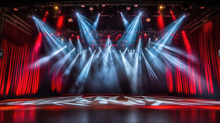 Wide view of an empty stage with red curtains, microphone centered and illuminated by bright white spotlightsの素材