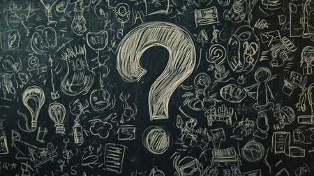 A chalkboard with a large hand-drawn question mark in white chalk, surrounded by doodlesの素材