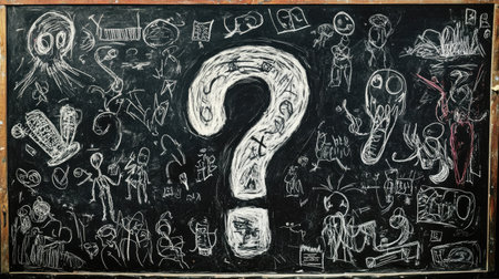 A chalkboard with a large hand-drawn question mark in white chalk, surrounded by doodlesの素材