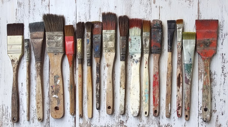 A collection of old, worn-out paint brushes displayed against a wooden backgroundの素材