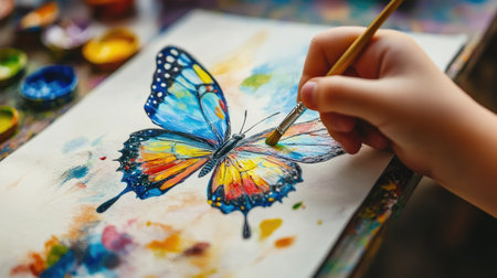 A child's hand holding a paint brush and painting a colorful butterfly on paperの素材