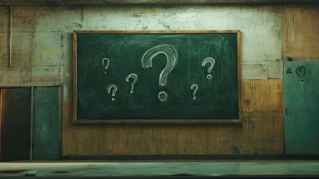 A chalkboard with multiple small question marks and one large one in the centerの素材