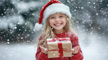 A cheerful girl in a red knitted pullover and a Santa hat holding a wrapped Christmas gift against a snowy backdropの素材