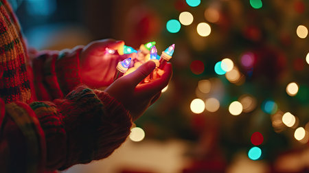 A child's hands holding glowing multicolored lights, with a decorated Christmas tree visible in the distanceの素材