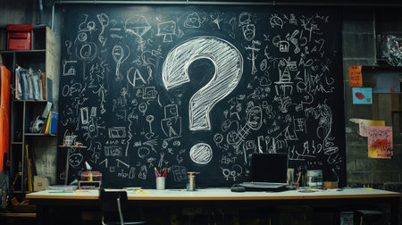 A chalkboard with a large hand-drawn question mark in white chalk, surrounded by doodlesの素材