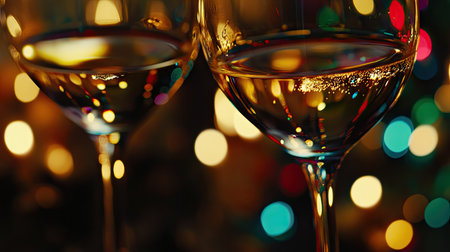 A close-up of wine glasses filled with sparkling wine, with reflections of Christmas lights creating a magical effectの素材
