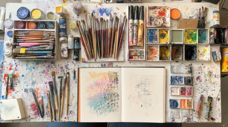 A flat lay of art supplies, including paint brushes, paint tubes, and a sketchpadの素材