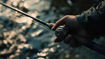 A close-up of a hand adjusting the reel of a fishing rod with the river shimmering nearbyの素材